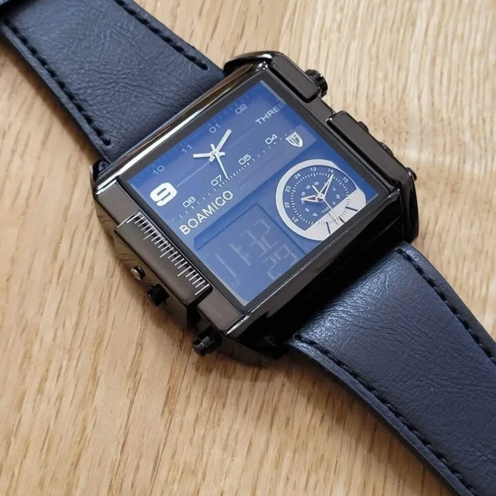 BOAMIGO Big Square Dial 3‎ TimeZone Stylish Watch For Men